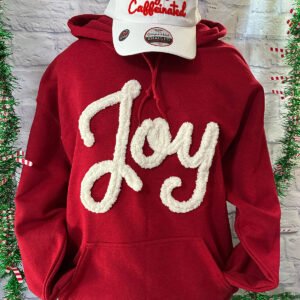 Limited Edition “Joy” Hoodie – Red with White Chunky Chenille Embroidery